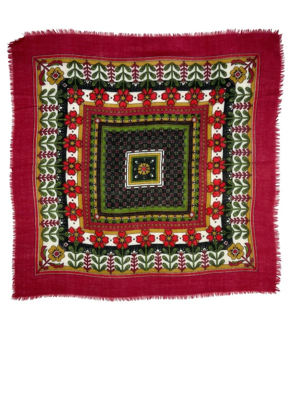 Andante Vintage Made Italy Folk Floral Square Scarf Fringe Red Boho Cottagecore